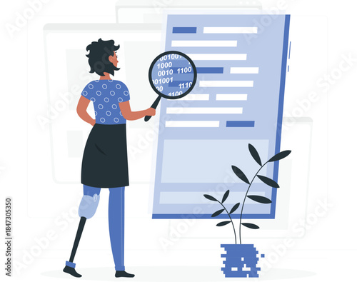 Woman examining digital document with magnifying glass in a modern setting