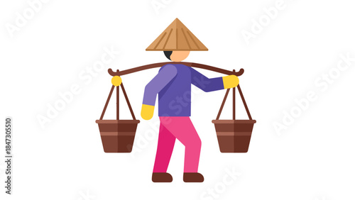 Flat Icon of a Person Carrying Buckets on a Yoke