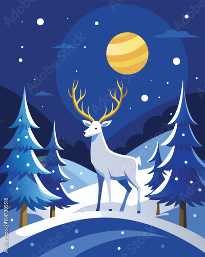 Magical Winter Night with a Golden-Antlered Deer