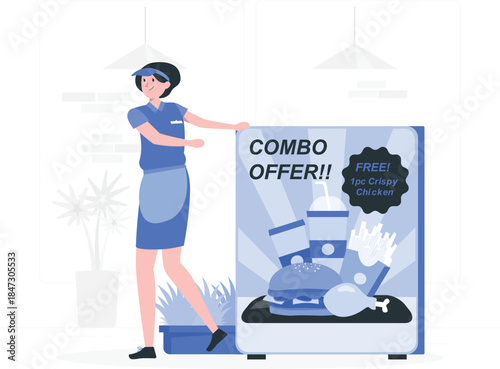 A waitress promoting a combo offer with a drink and sandwich advertisement