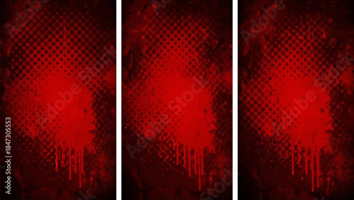 Set of three abstract red grunge vector backgrounds with halftone dots, ink splatters, and dripping paint effects for artistic designs template.