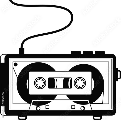 Vintage cassette tape player silhouette vector illustration, retro music audio technology, analog sound nostalgia, black and white, isolated background design