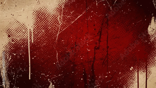 Abstract red grunge vector background with halftone dots distressed textures and paint splatters for artistic and vintage designs.