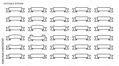 A large collection of different black outline empty ribbons and banners on a white background