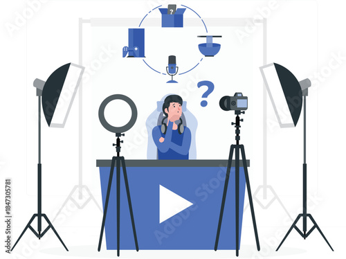 Professional man and woman photographers using camera equipment like a tripod and softbox flash light in a black 3d studio illustration icon vector