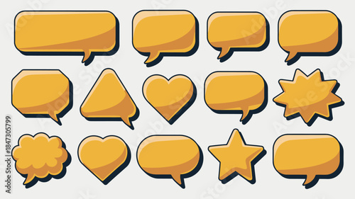 A large collection of glossy yellow speech bubbles and thought balloons in various shapes