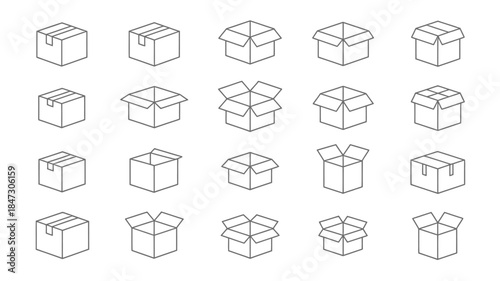 A repeated pattern of many outline icons showing various cardboard boxes in different states