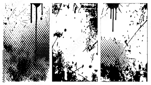 Monochromatic transparent grunge textures featuring paint splatters and halftone patterns are ideal for overlay effects.
