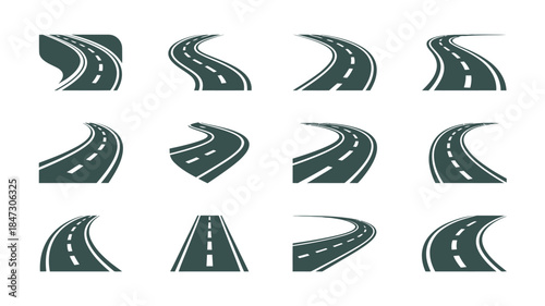 A set of grey winding road icons with white dashed lines representing various travel routes and journeys