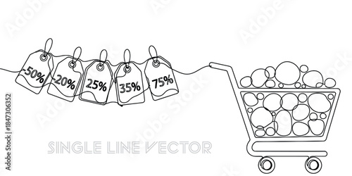 Shopping cart with discount price tags in continuous line art. Sale percentages connected. Outline style. Minimalist design. Vector illustration