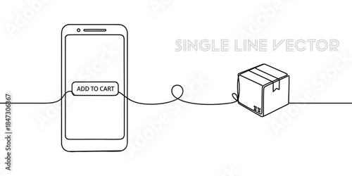 Online shopping concept with smartphone and delivery box in continuous line art. Ecommerce. Vector illustration