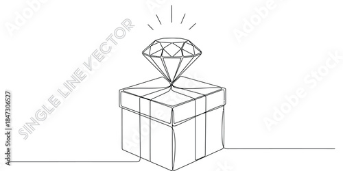 Gift box with sparkling diamond in continuous line art. Valuable present concept. Minimalist elegant design. Vector illustration