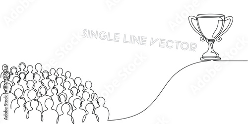 People striving for a trophy. Connected by a continuous line. Path to success. Outline drawing. Vector illustration