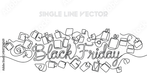 Black Friday sale text in continuous line art. Shopping items, gifts, electronics. Modern outline style. Vector illustration