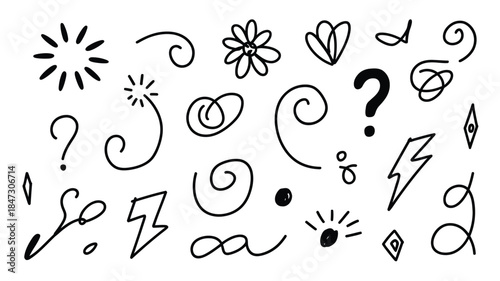 A whimsical collection of hand drawn doodle elements like swirls stars and question marks