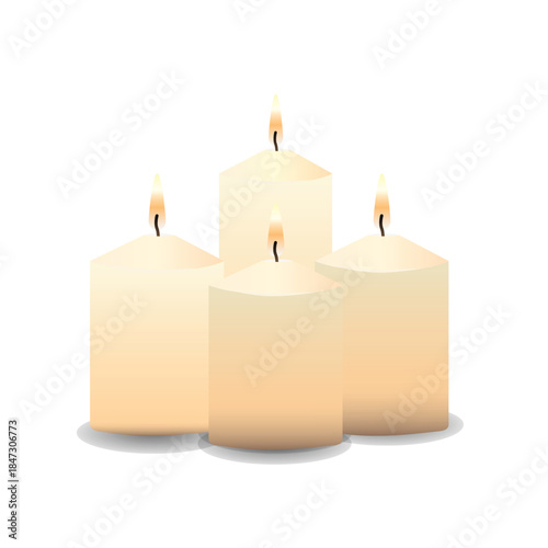 Set of Illuminated Pillar Candles with Glowing Flames
