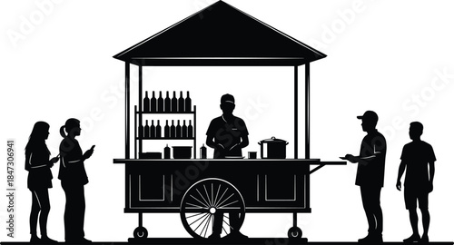 Street food cart silhouette with customers ordering meals, urban vendor scene illustration isolated vector design for market, festival, and street cuisine concepts