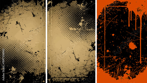 Abstract grunge distressed texture background set with paint splatters halftone pattern and scratched old paper design.
