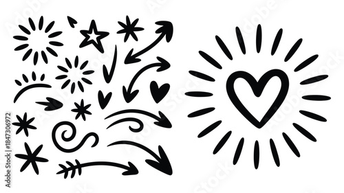An assortment of expressive hand drawn doodle elements including arrows, stars, bursts, and a glowing heart