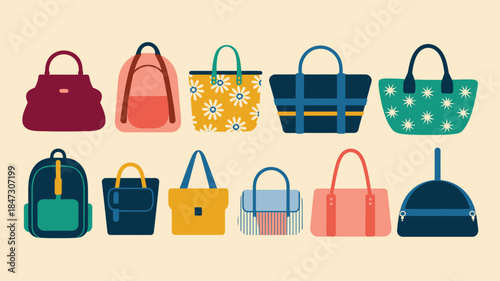 Assortment of contemporary womens bags featuring various shapes, patterns, and colors for everyday fashion