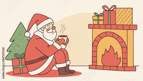 Santa Claus drinking hot cocoa by a fireplace cozy Christmas illustration for holiday season