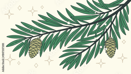 Pine branch with cones and sparkles festive winter illustration for holiday design isolated on cream