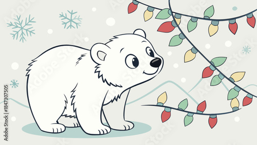Cute polar bear cub with Christmas lights and snowflakes winter holiday illustration for greeting ca