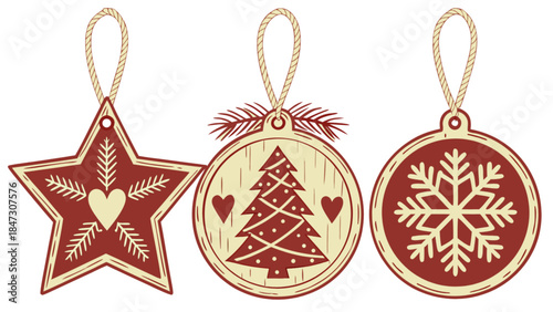 Christmas ornaments star tree and snowflake designs rustic folk art style for holiday decoration iso