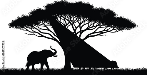 African Elephant Silhouette by Baobab Tree, Savannah Landscape Vector Illustration, Nature Wildlife Scene with Large Tree and Grass