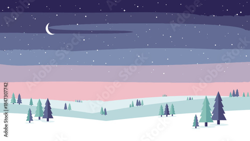 Winter landscape with snow-covered trees under a starry night sky with a crescent moon, celebrating Happy New Years in a serene and peaceful atmosphere with a cinematic view.