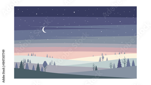 Illustration of a serene landscape with a crescent moon and stars in a night sky transitioning to sunrise, featuring trees and hills in a stylized, colorful flat lay composition.