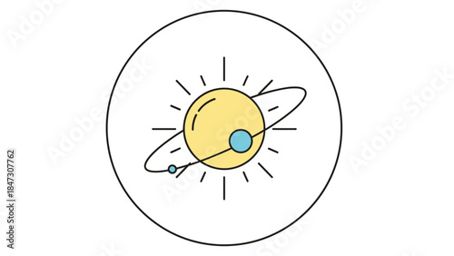 Simple illustration of a yellow sun with planets in a circular frame on a white background, conveying a celestial theme for Happy new years.