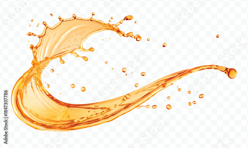realistic fresh liquid honey or oil splash in mid air cut out and curve style isolated on transparent background