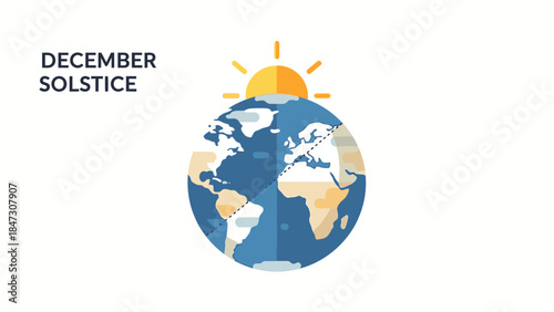 Illustration of the Earth with a sun on a white background, symbolizing the December Solstice and Happy New Years with a simple graphic style and warm colors.