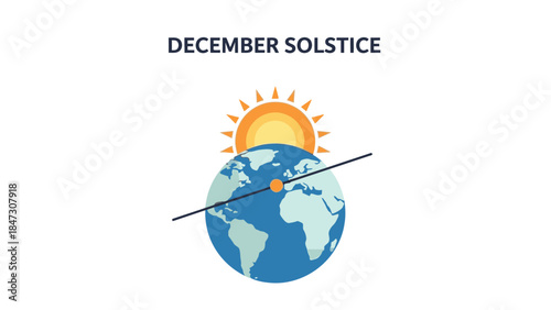 Illustration of the December solstice with the sun shining on the Earth from a tilted axis on a white background.