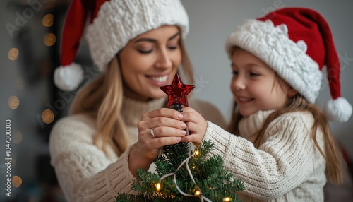 Happy mother and daughter jointly place sparkling star atop decorated evergreen