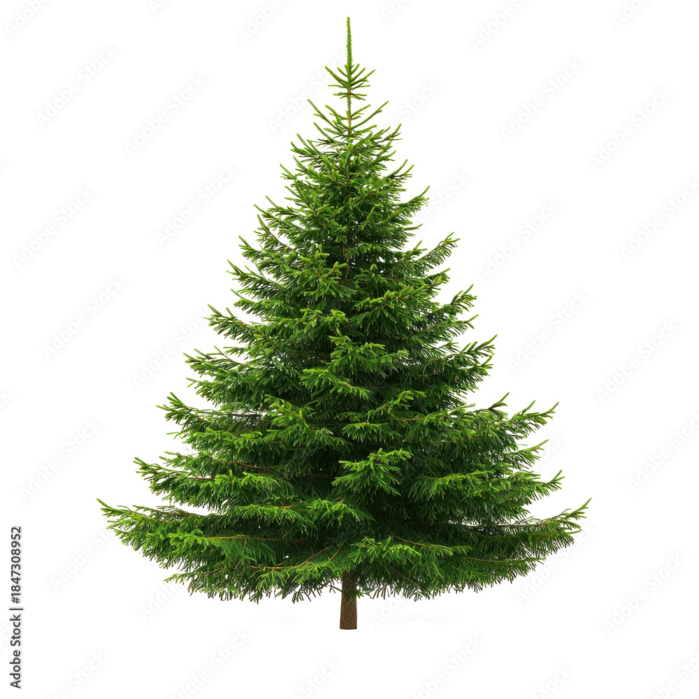 Obraz premium A single tall evergreen tree with dense green needles against a white background.