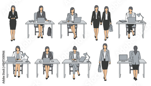 Working Women Side View Vector – Formal Wear, Editable Illustration Set