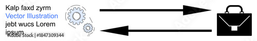 Business strategy, workflow management, process optimization, task delegation, team productivity, corporate planning. Gears, arrows and a briefcase. Business strategy and workflow management concept