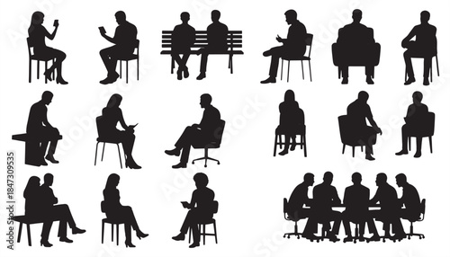 Sitting People Silhouette Vector – Men, Women & Teenagers on Bench or Chair, Profile View, Business Group, Isolated PNG