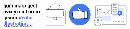 Business management, teamwork dynamics, online collaboration, digital communication, project planning, workplace tools. Minimalist icons of a briefcase, thumbs-up gesture, and data analysis graph