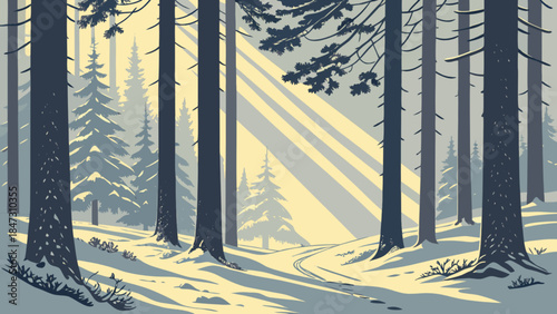 Winter forest path with sunbeams serene snowy landscape illustration for nature and travel themes pe