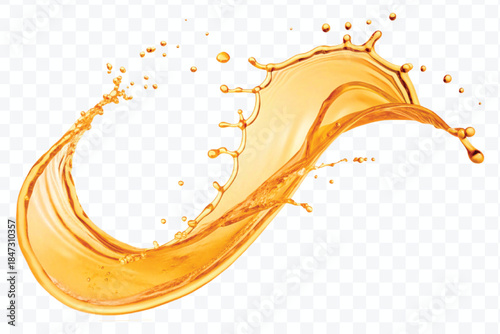 realistic fresh liquid honey or oil splash in mid air cut out and curve style isolated on transparent background