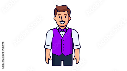 Happy Man in Purple Vest and Bow Tie - Flat Illustration Icon