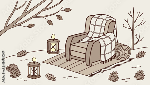 Cozy armchair with plaid blanket and lanterns autumn outdoor scene hygge concept illustration