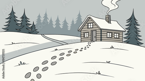 Cozy log cabin in a snowy landscape footprints leading to the door winter scene illustration for hol