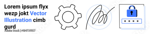 Digital security, identity verification, technology, authentication, data protection, password safety. Set of icons including gear, signature and a lock with a password field. Security and identity