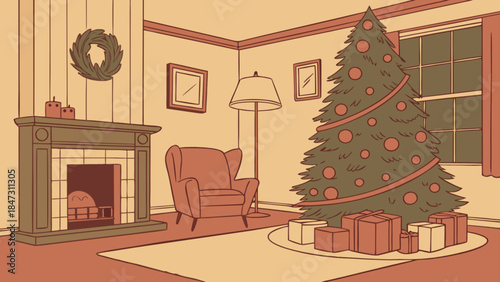 Cozy living room with Christmas tree and fireplace festive holiday scene warm interior illustration 