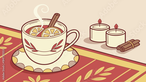 Cozy cup of hot tea with lemon and cinnamon two candles and cinnamon sticks warm beverage concept fo