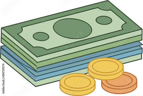 Flat Design Stack of Money Bills and Coins Finance Illustration